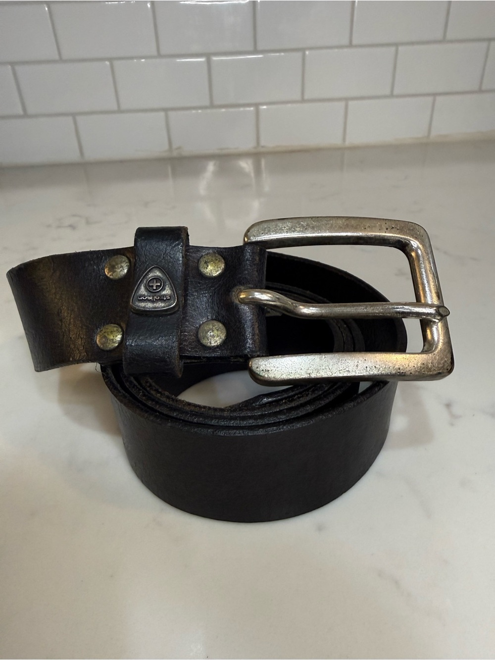 STRELLSON Austria Vintage Leather Belt Black Utility Heavy Metal Buckle